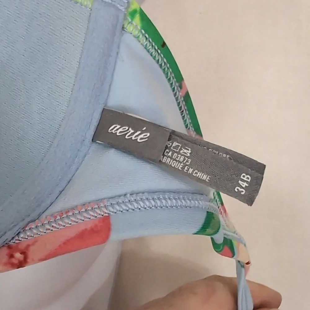 Aerie Light Blue Floral Padded Underwire String Bikini Top Size 34B